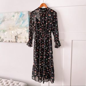 Black Floral Sheer Clip-Dot Midi Dress
